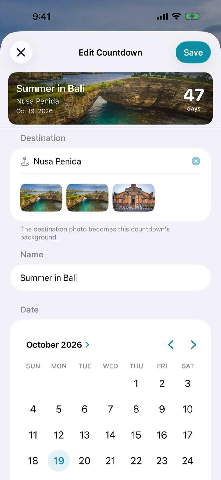 The countdown editor with a destination search for Nusa Penida, three photo suggestions, a name field and a calendar.